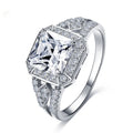 Women's platinum-coloured zircon ring with hollow geometric design and quadrilateral patterns