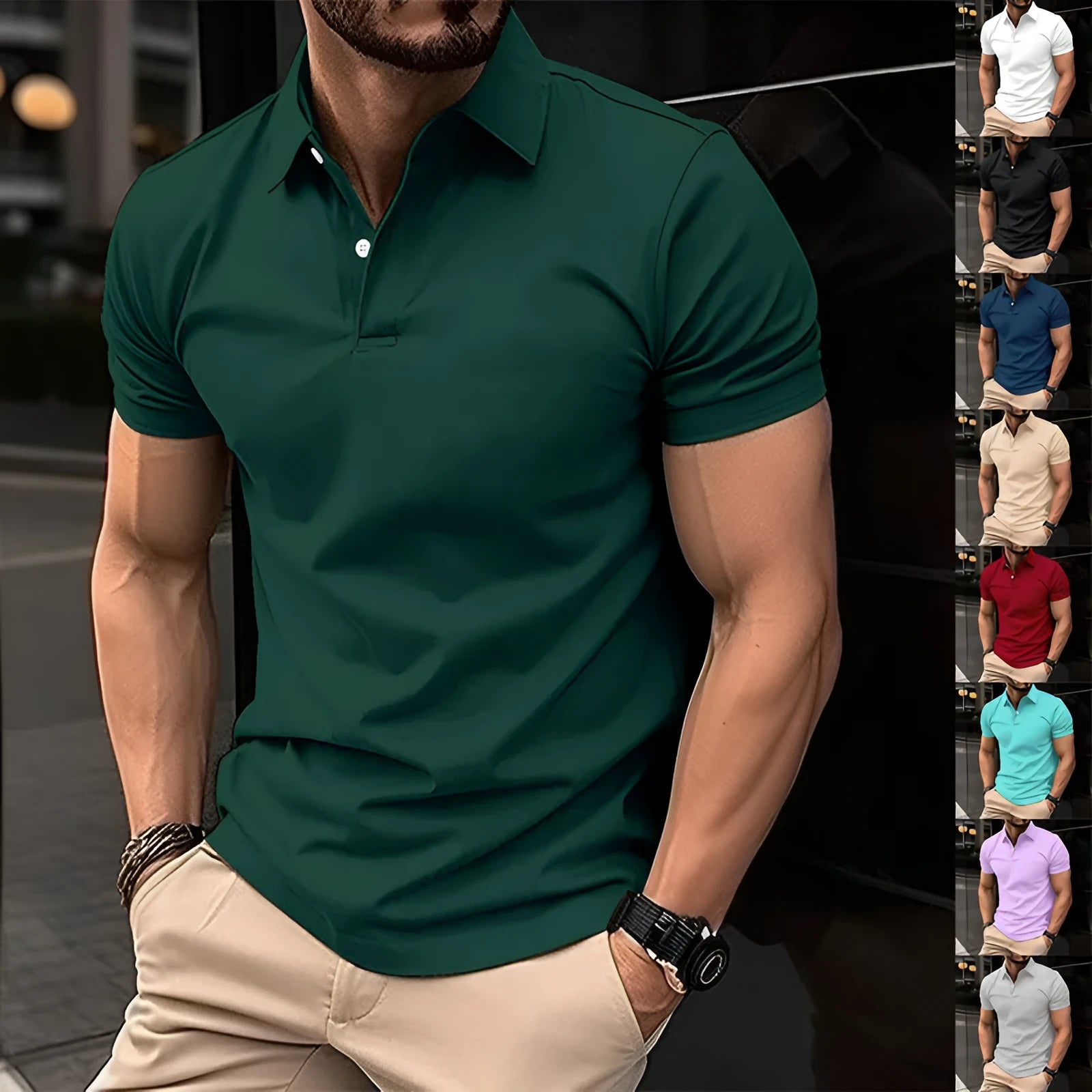 Men's solid colour short sleeve polo shirt with button lapel in a regular fit.