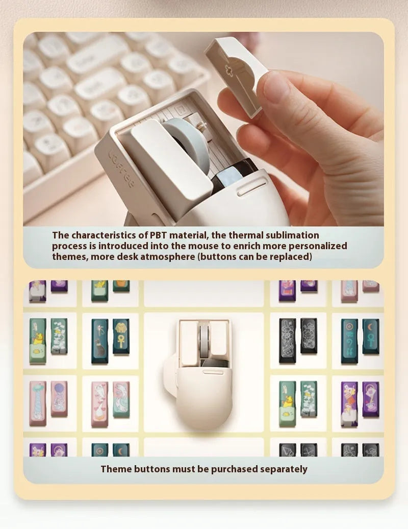 Tofu colour ergonomic wireless mouse shown with USB receiver and USB-C charging cable on a desk.