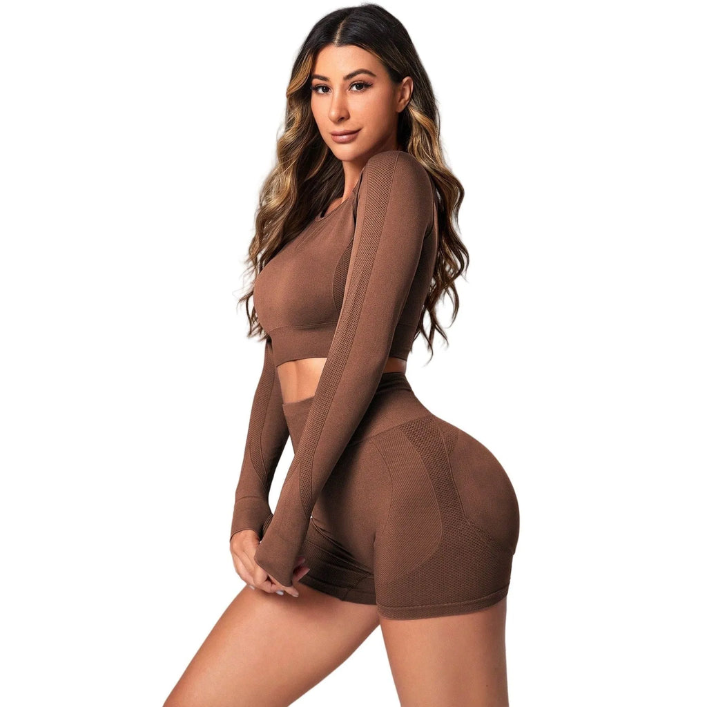 Women's yoga clothes suit set showing high waist leggings and long sleeve pullover top