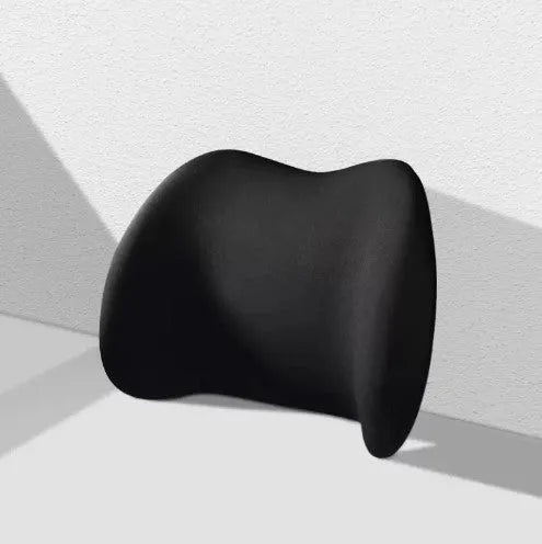 Black memory cotton car headrest and waist support cushion set on a car seat.