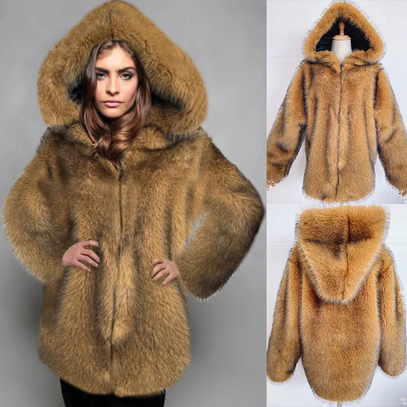 Women's artificial fur mid-length coat in silver grey with loose trendy style and regular sleeves.