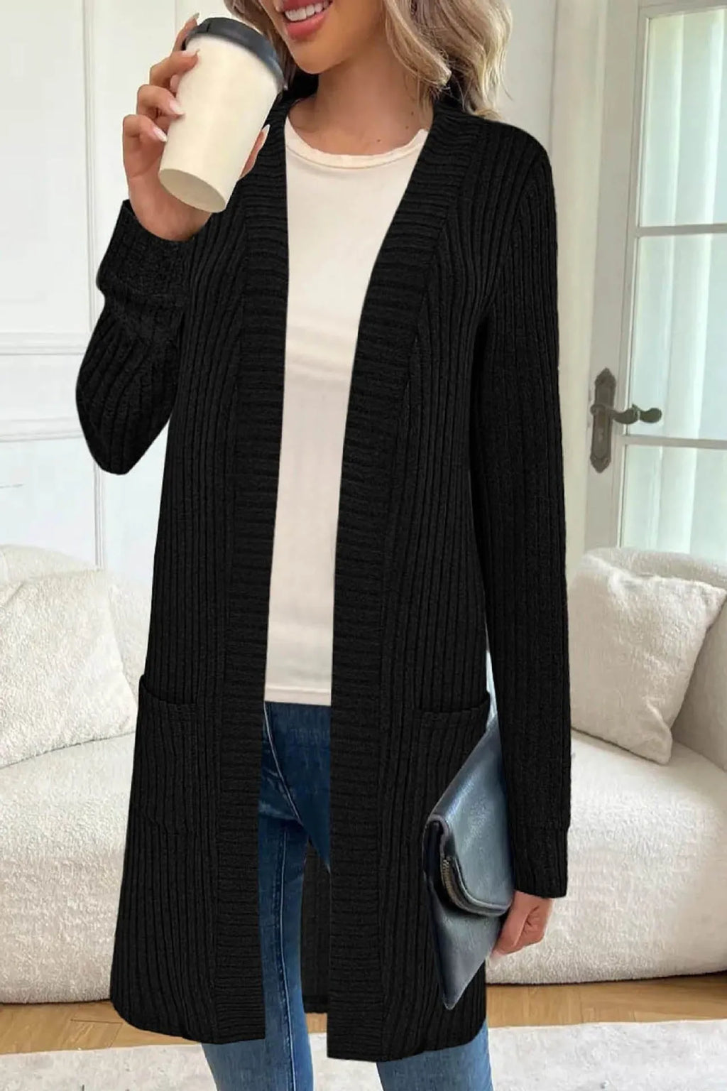 Loose fit grey polyester knitted cardigan jacket with long sleeves and patch pockets