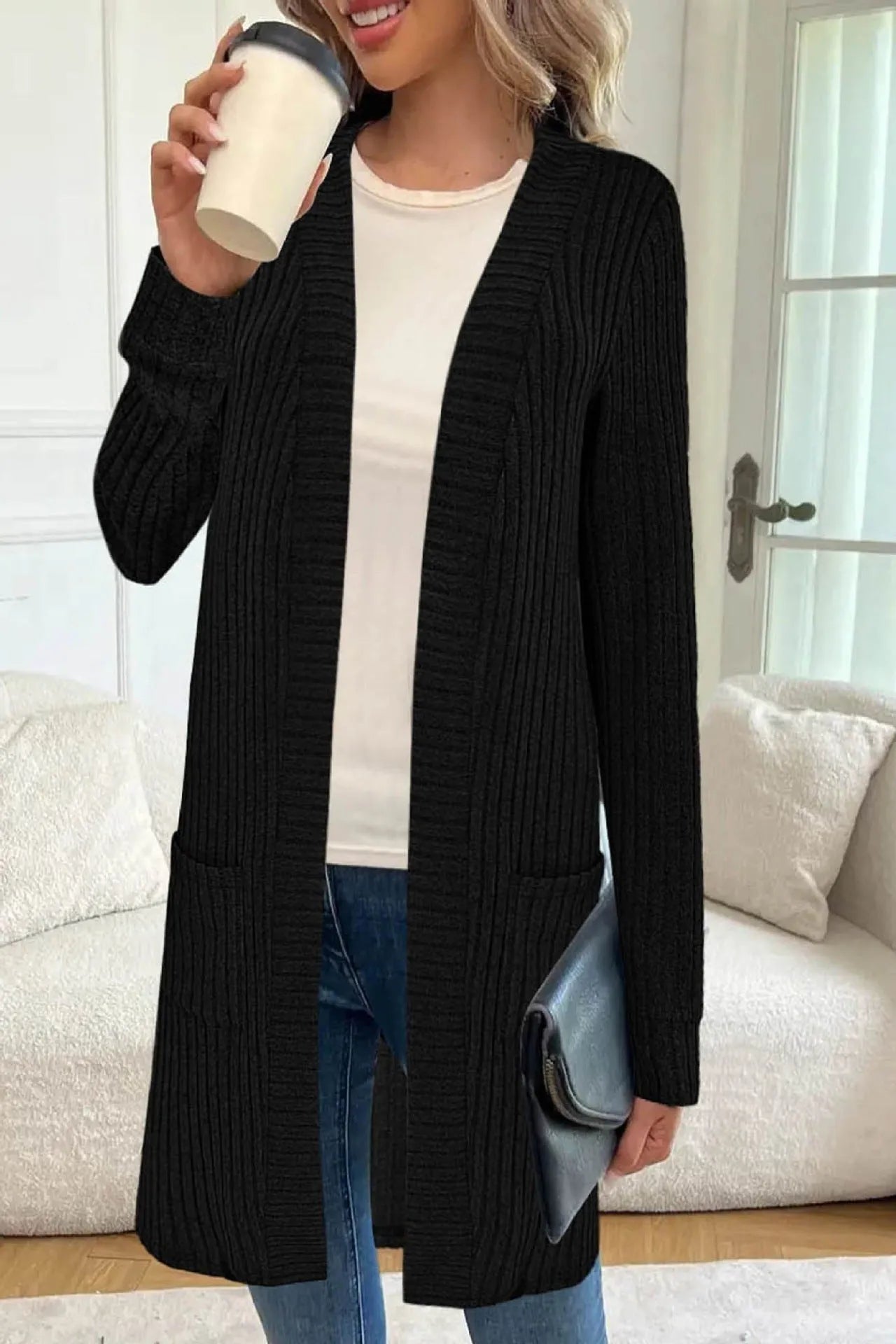 Loose fit grey polyester knitted cardigan jacket with long sleeves and patch pockets