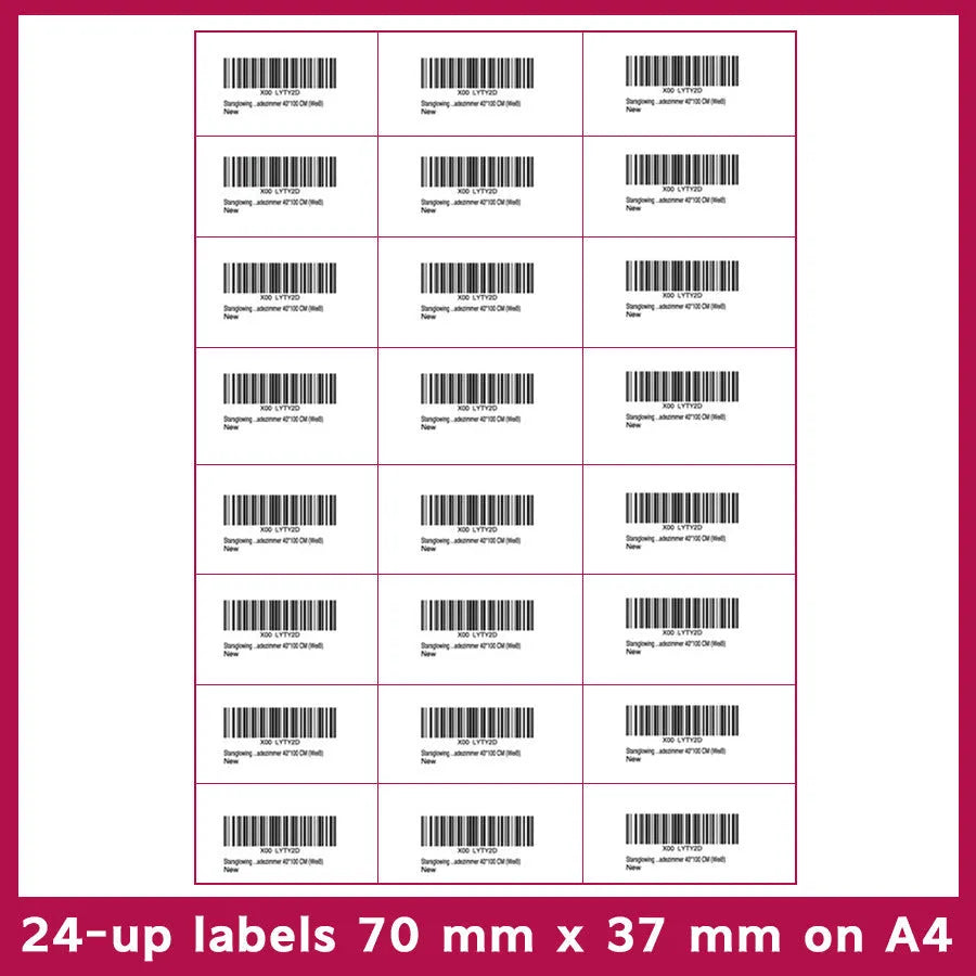 A4 FBA barcode label paper sheets showing ten different grid configurations for inventory labelling
