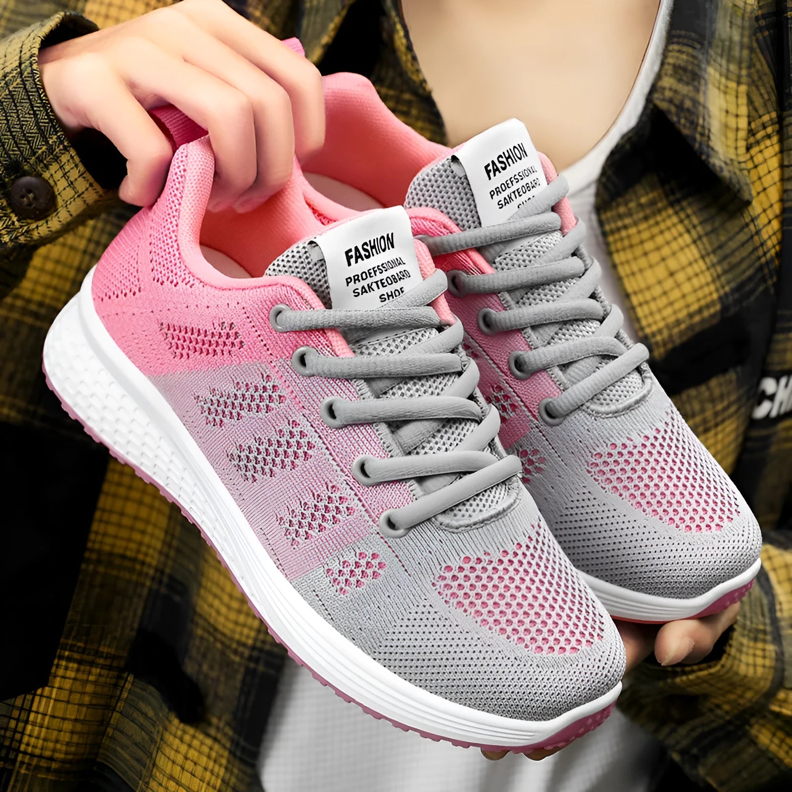 Women's flyknit running shoes in rose red with soft flat sole and round toe