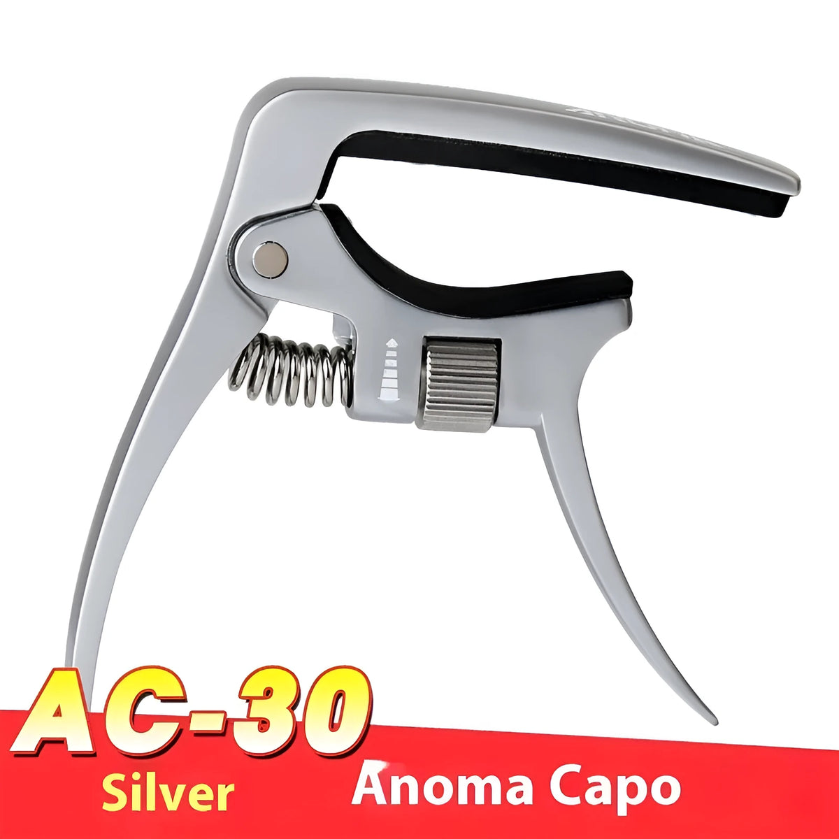 Aroma Capo AC-30 guitar capo in silver or wood grain colour, zinc alloy and silicone, with tuning clip