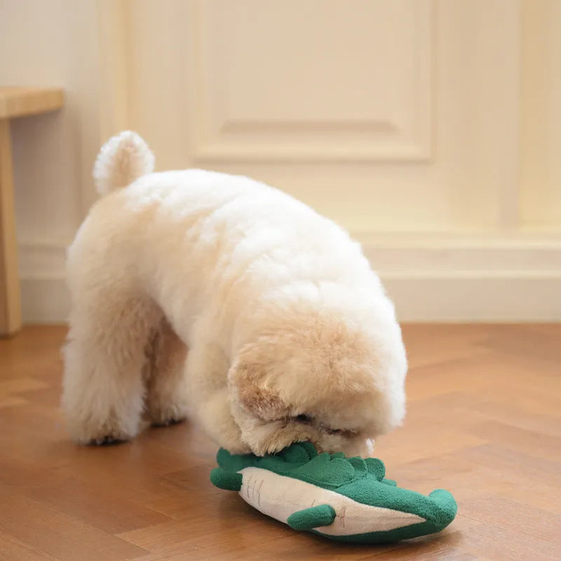 Green plush toy dog soft toy on white background, showing its 35cm length.