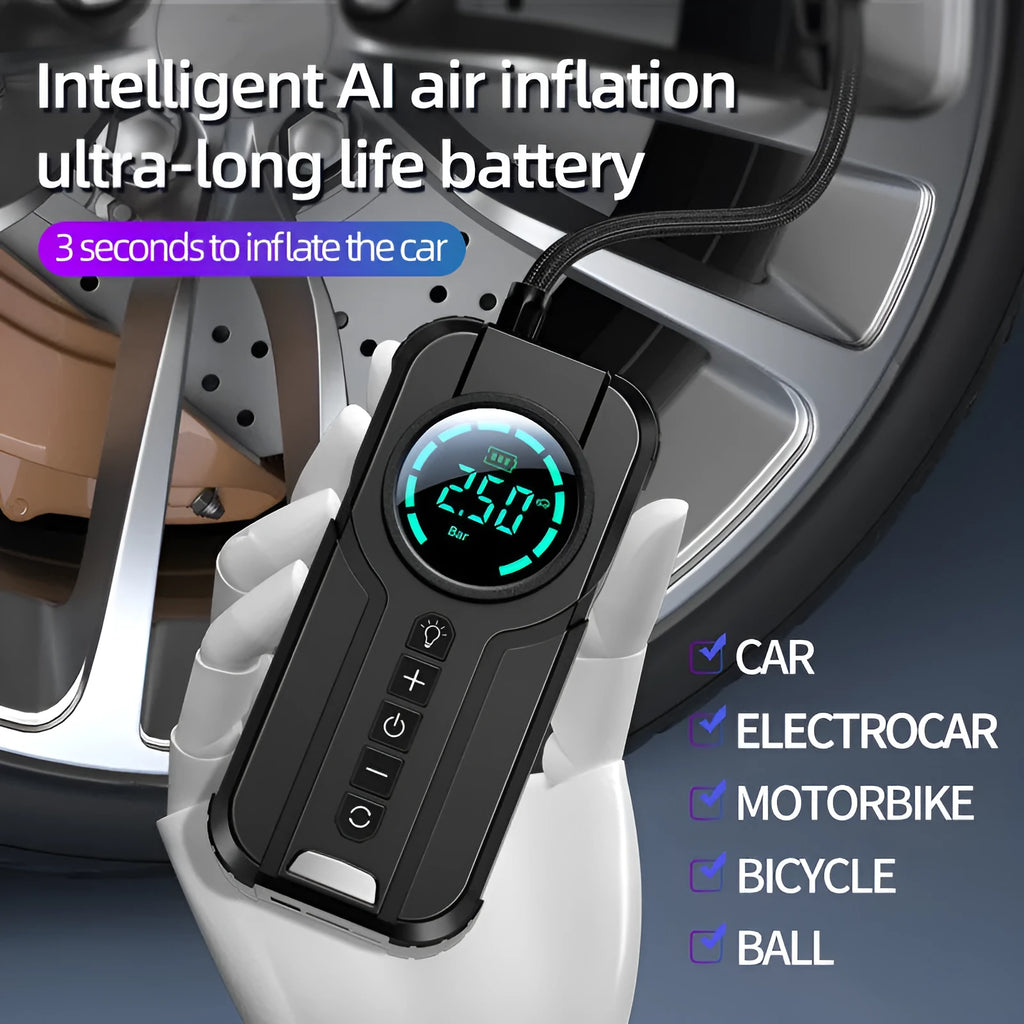 Portable wireless car tyre inflator pump with battery, 12V cable, nozzles, and carry bag on a table