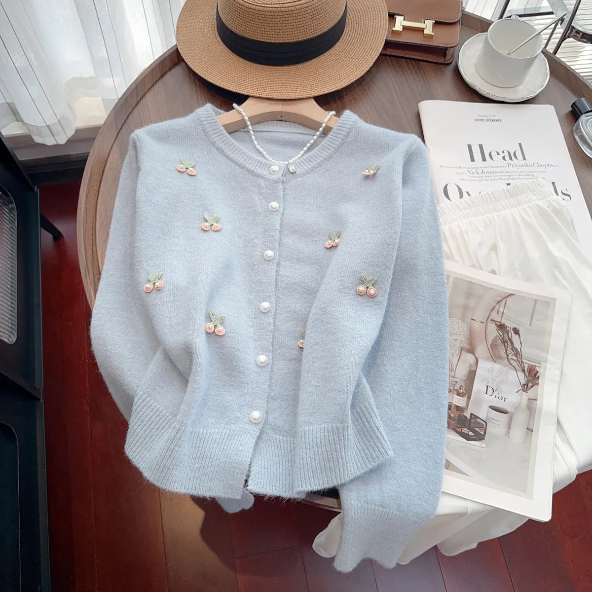 French sweet beaded cashmere sweater coat cardigan in slim fit, shown in blue colour.