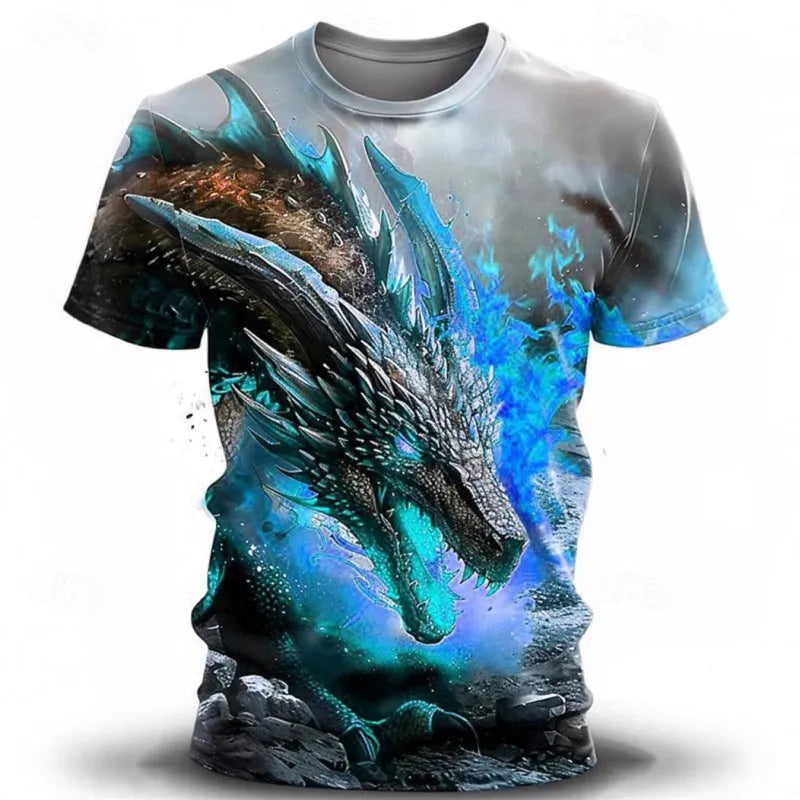 Men's grey T-shirt with a large, detailed 3D blue and white wind dragon print on the chest.