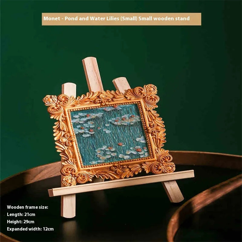 DIY oil painting kit showing epoxy pottery base, propylene pigments and brushes for creating famous art reproductions