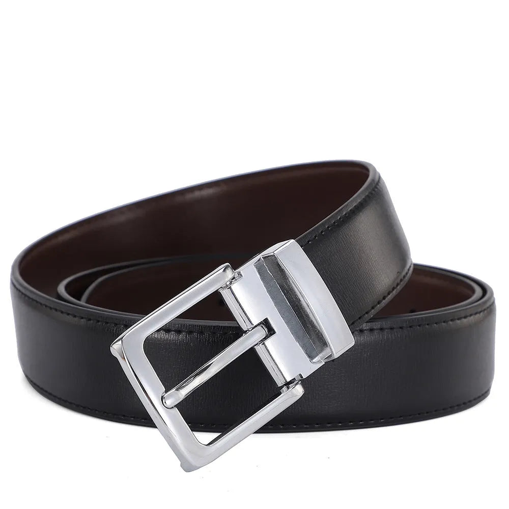 Men's genuine leather belt with alloy buckle showing water pattern design and pin closure