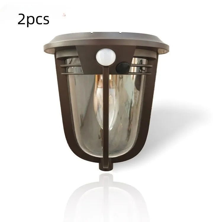 European retro solar wall lamp with IP55 rating for outdoor courtyard lighting, 169*192.2*83mm size, 2 pack