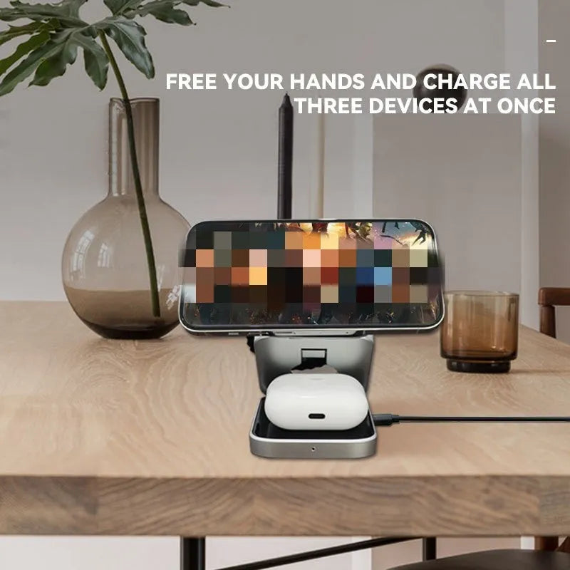 Three-in-one desktop wireless charging bracket with folding design for Apple Samsung Google devices
