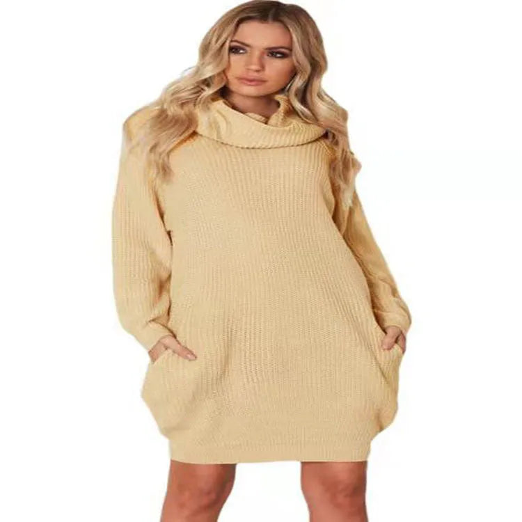 Women's lapel neck mid-length sweater with side pockets in loose slim fit available in yellow, black, and light apricot