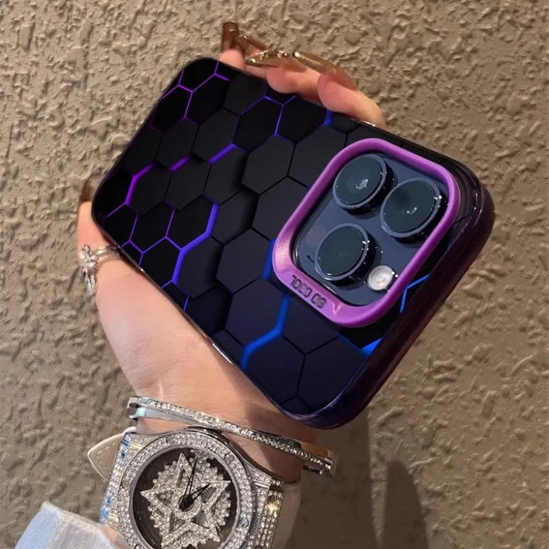 Frosted black iPhone case with a honeycomb square pattern on the back.