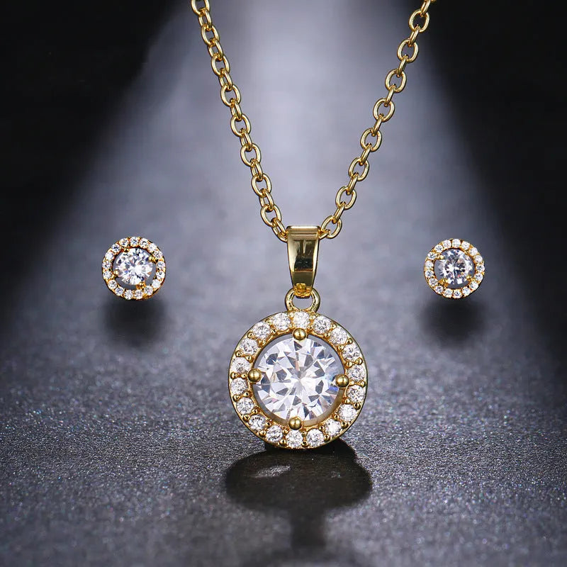 Women's simple round zircon inlaid clavicle chain necklace and earrings set in gold, silver, and rose gold