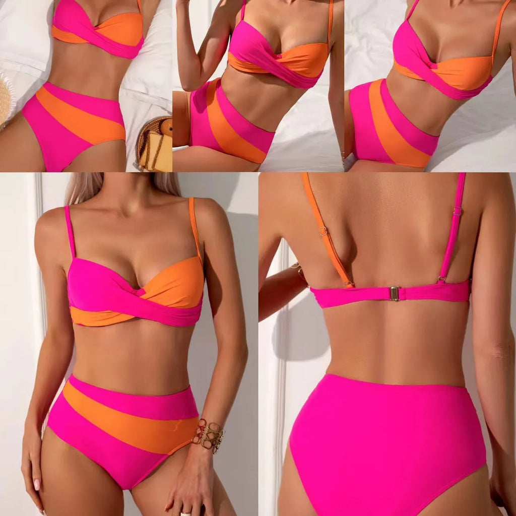 Orange women's split bikini set with steel bracket bra and matching briefs.