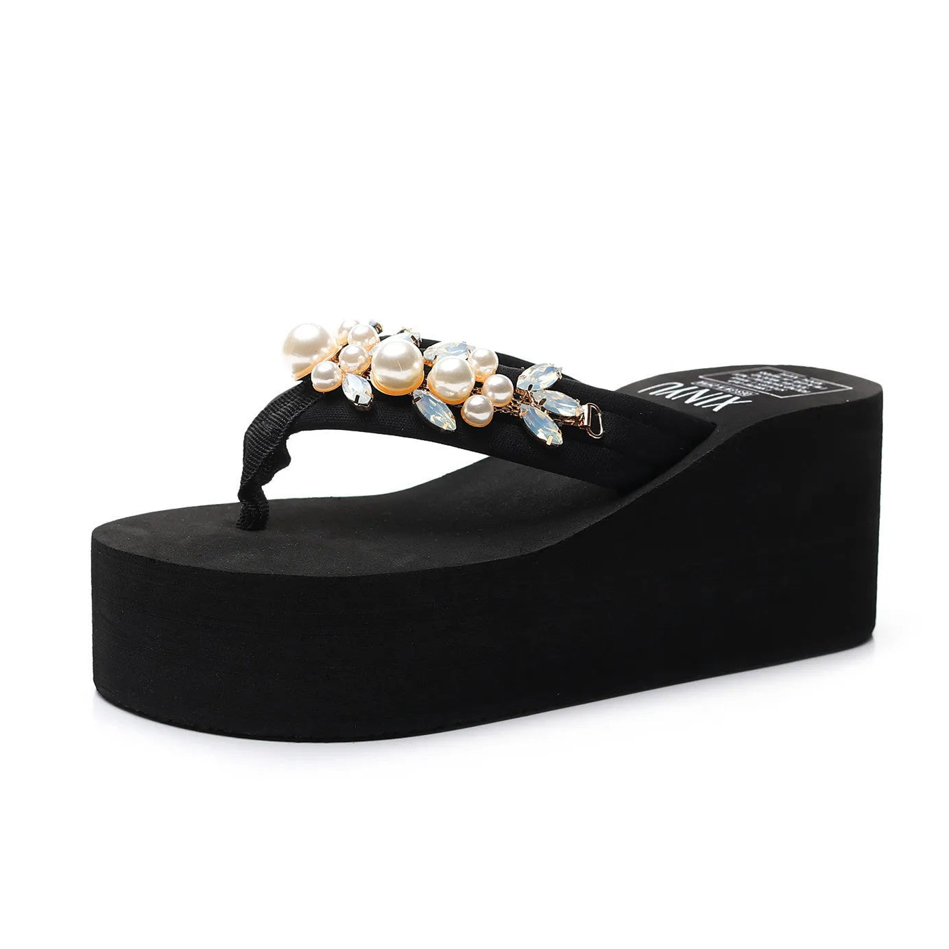 Women's high-heeled flip-flop sandals in cotton cloth, available in black and beige colours