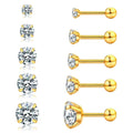 Titanium steel ear studs with flat bottom screw back, crown inlaid zircon, gold finish on white background