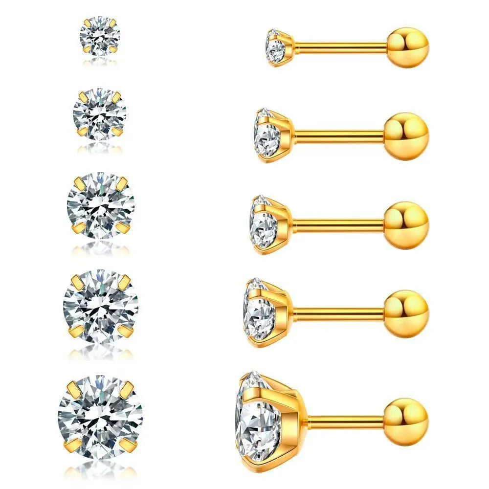 Titanium steel ear studs with flat bottom screw back, crown inlaid zircon, gold finish on white background