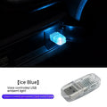 Multi-function car USB ambience light with touch switches for white, blue, ice blue, pink, and RGB voice control modes.
