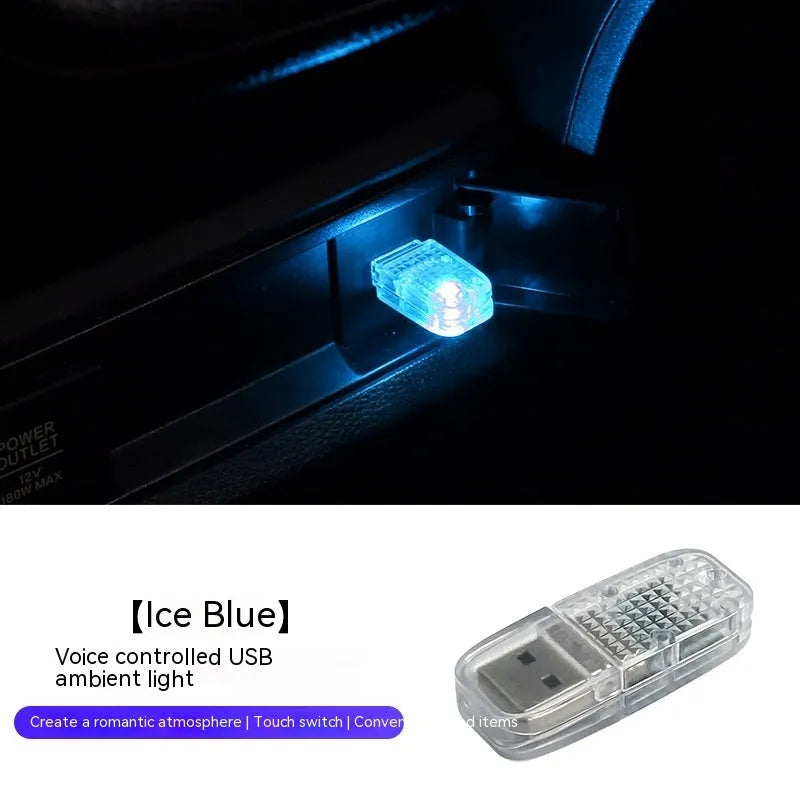 Multi-function car USB ambience light with touch switches for white, blue, ice blue, pink, and RGB voice control modes.