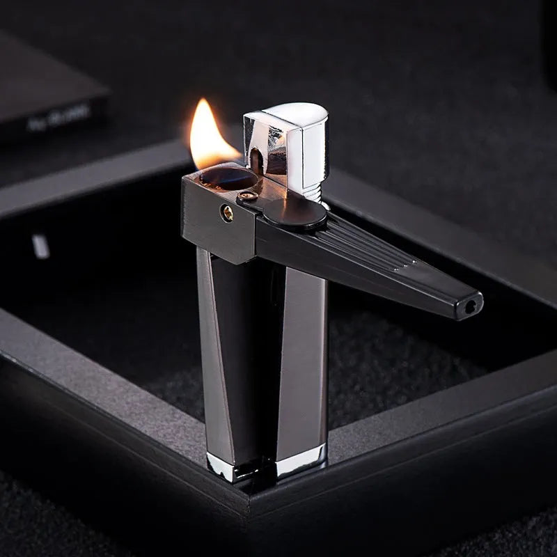 Refillable metal pipe lighter with foldable design showing silver square cover and compact 9.2cm size
