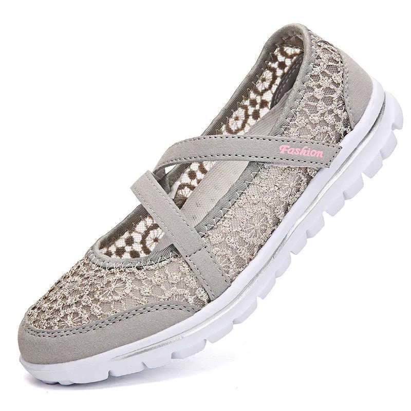 Women's beige mesh lace-up casual flat shoes with round toe and sewing line details