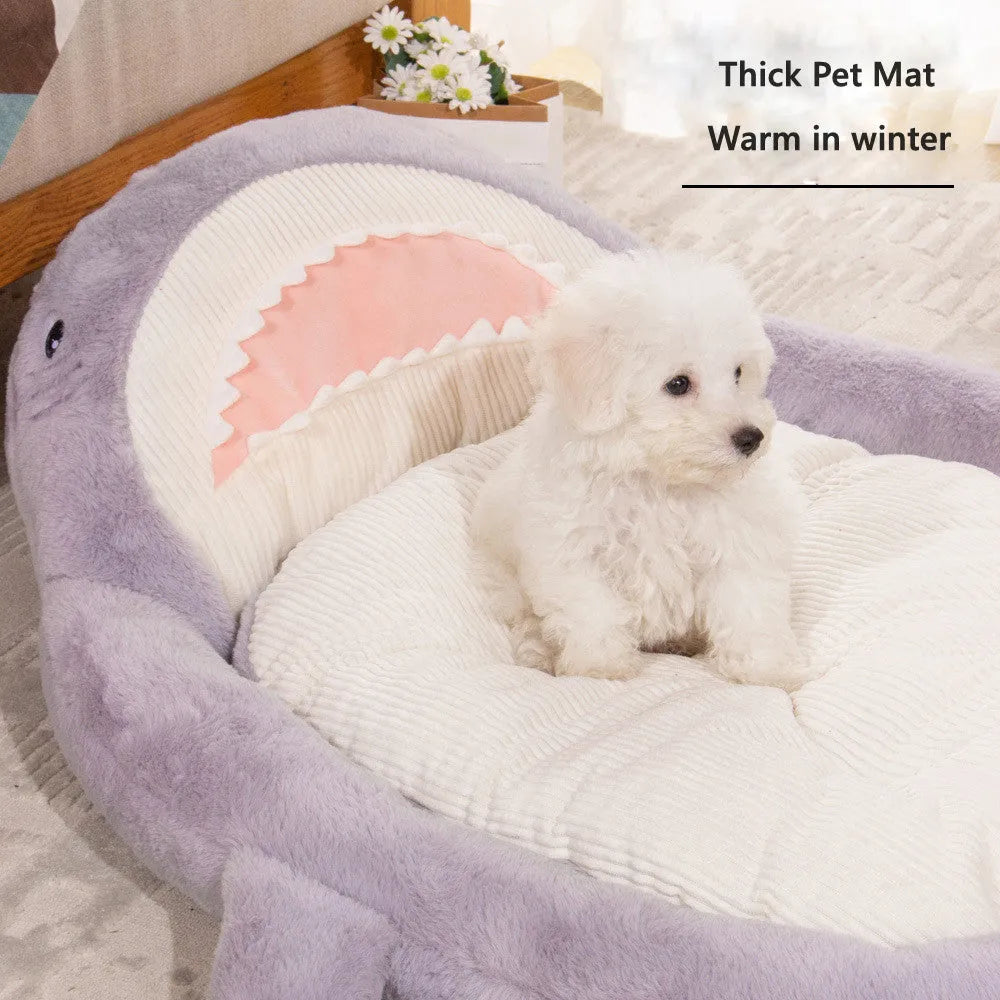 Shark pattern pet bed cushion in blue or grey with non-slip base for dogs and cats