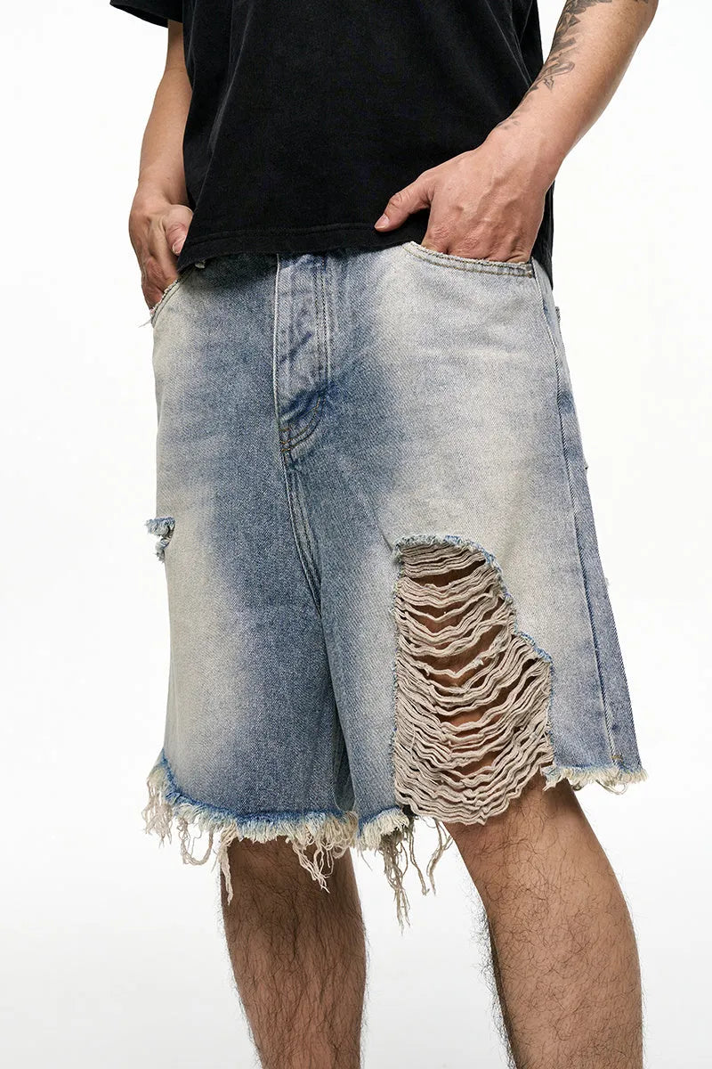 Light blue washed denim shorts with baggy wide leg cut and zipper fly