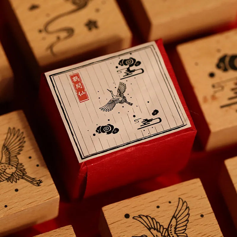 Wooden stamp with rubber printing surface featuring traditional Chinese crane design