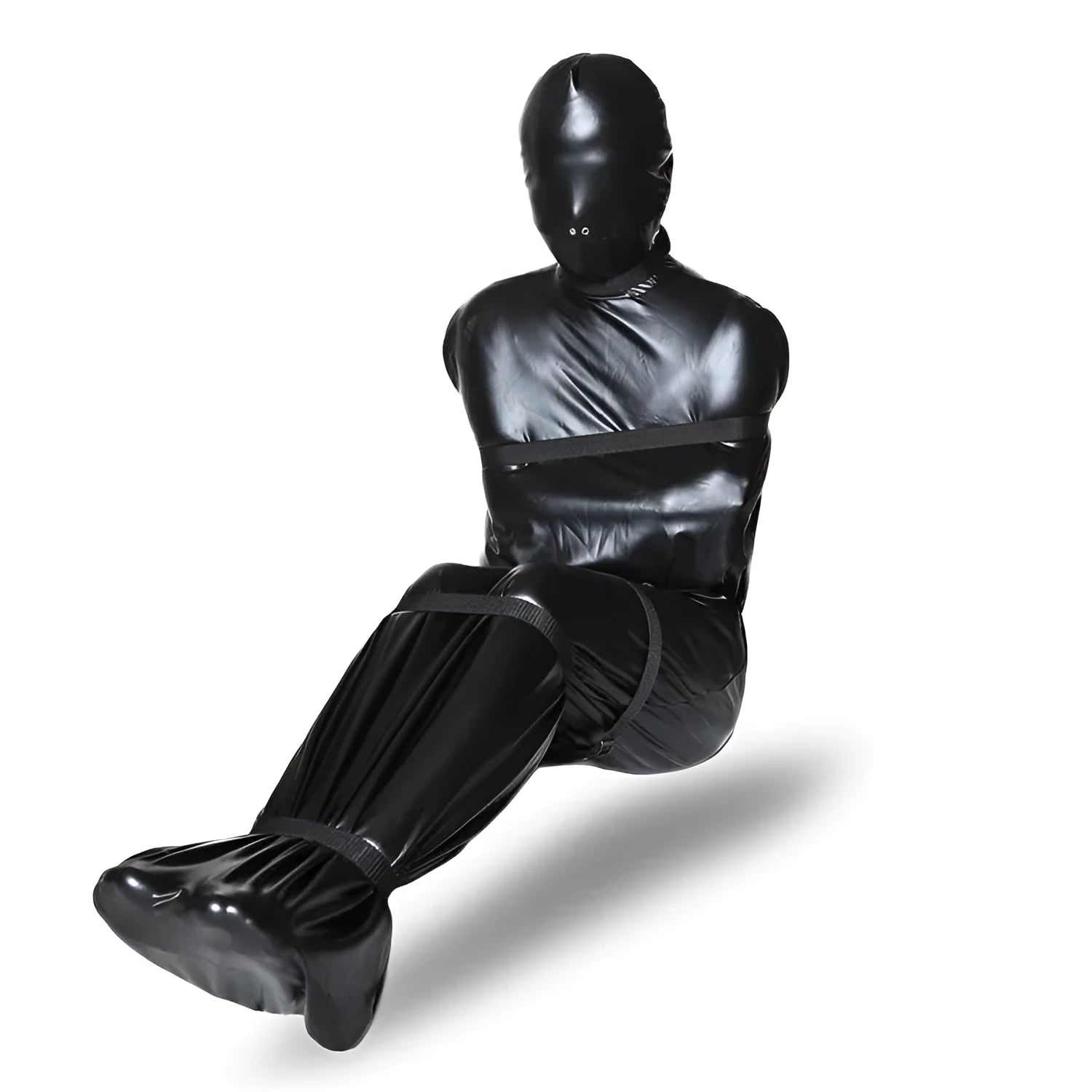Black patent leather restraint set showing full body wrap harness and six ratchet tie down straps