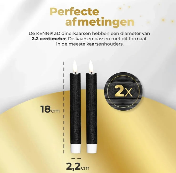 Black S2 3D Flame LED Taper Candle showing realistic flickering effect at 18cm height