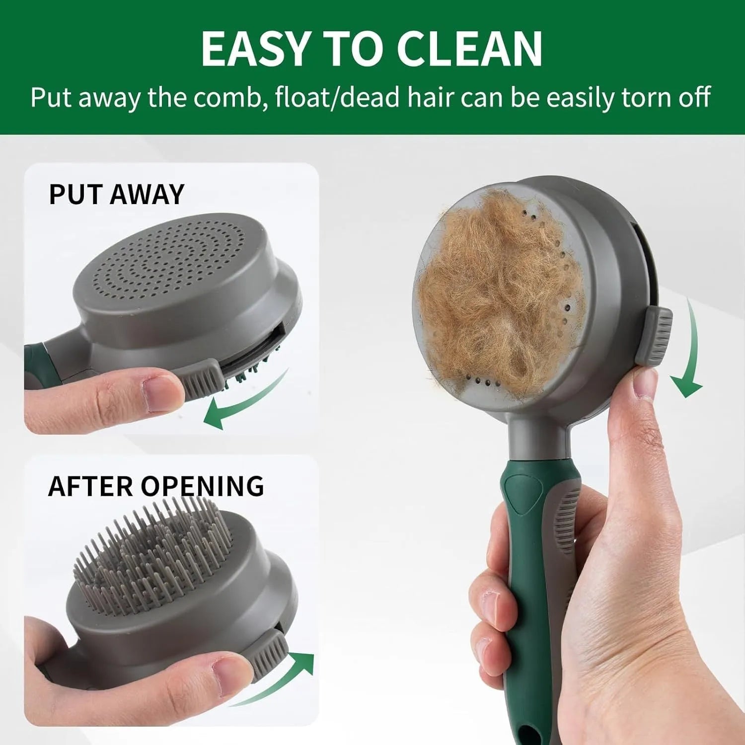 Green and pink dual-sided pet brush with slicker pins on one side and silicone massage pins on the other