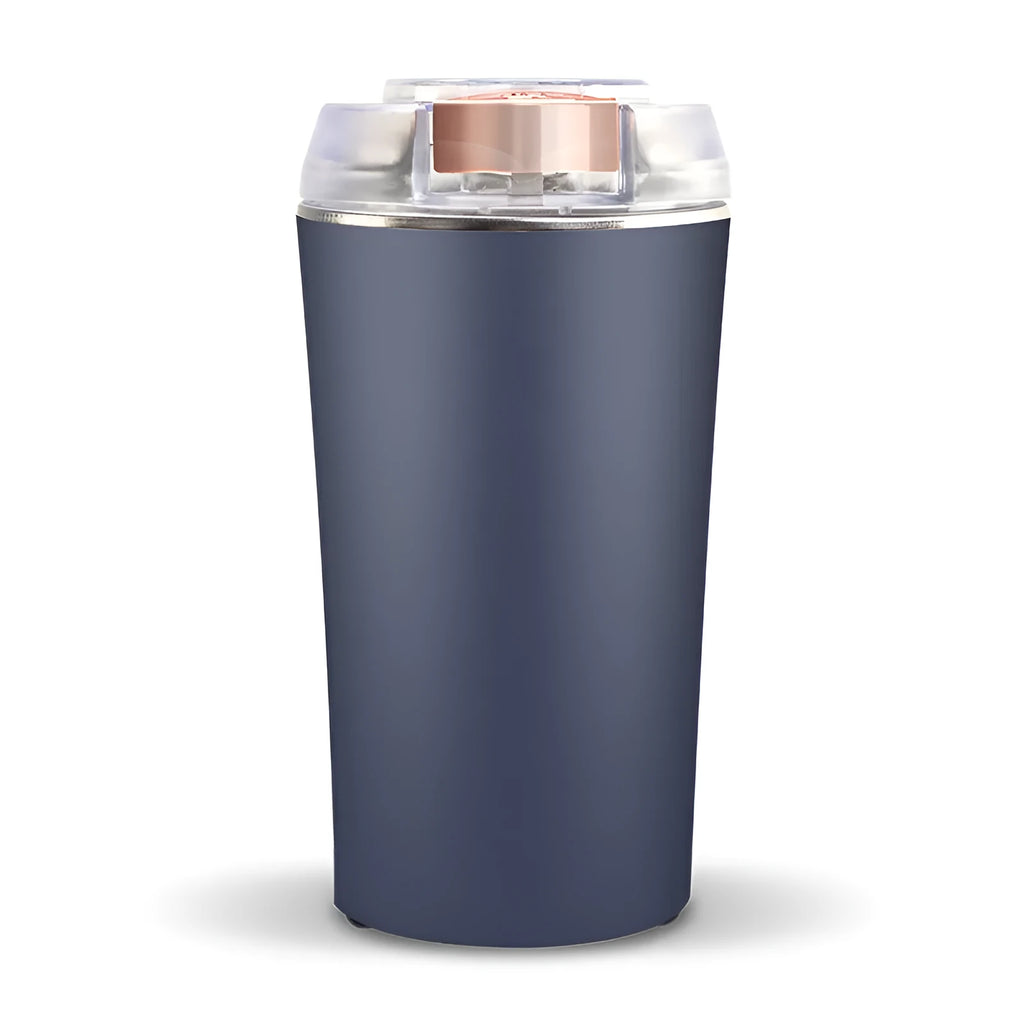 Blue stainless steel mini flour mill and grain grinder machine on a kitchen countertop.