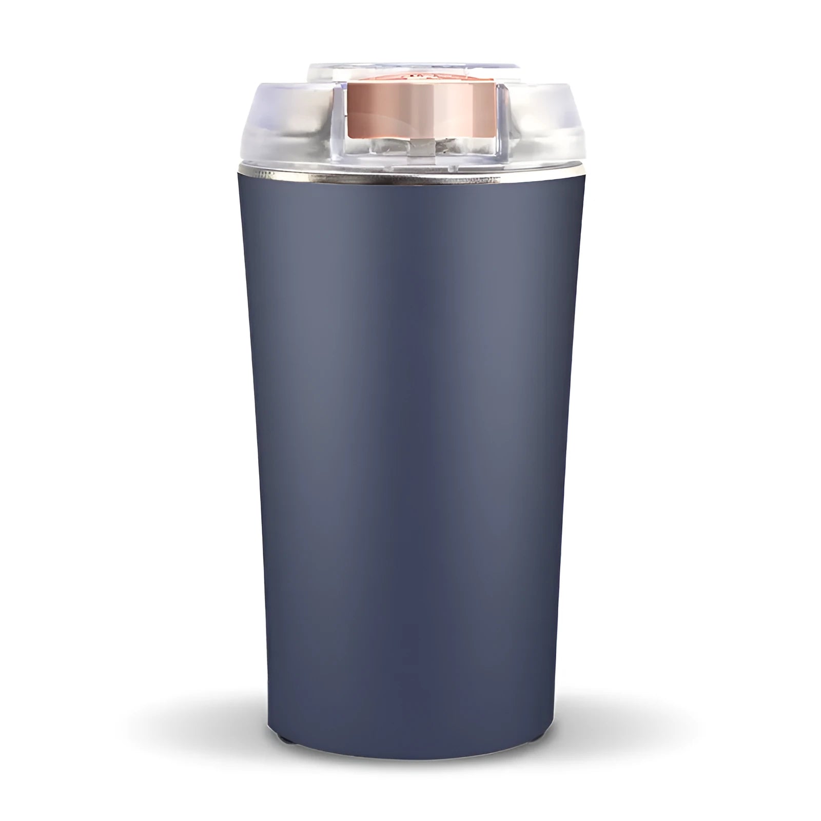Blue stainless steel mini flour mill and grain grinder machine on a kitchen countertop.