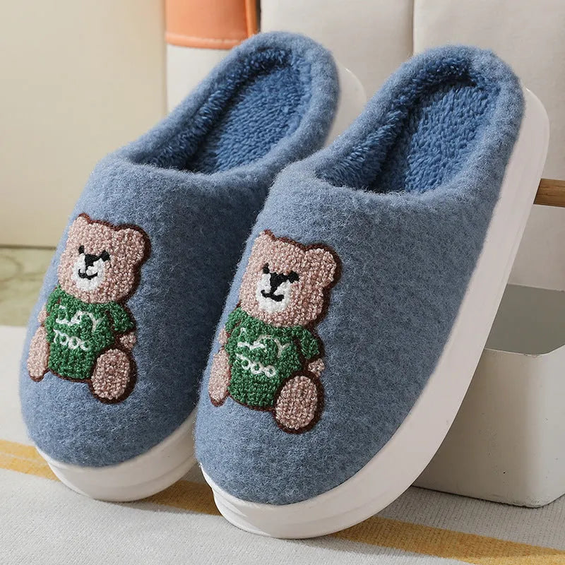 Lovely cartoon bear woolen slippers for women with plush upper and synthetic wool lining in dark blue