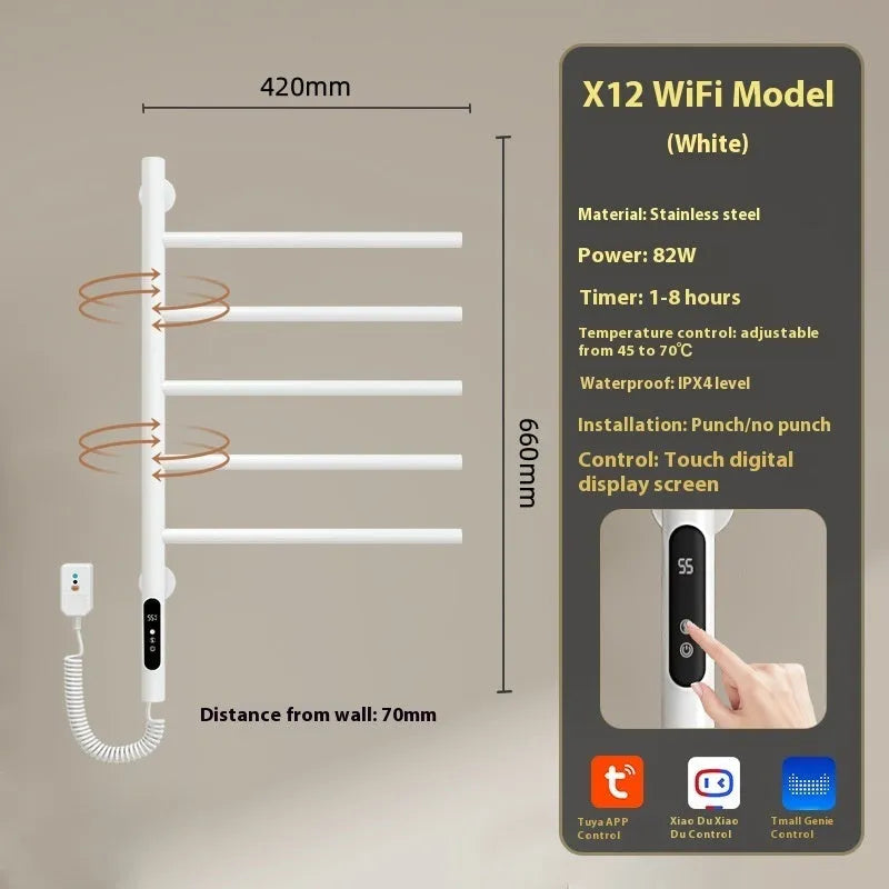 5-layer stainless steel electric towel rack in black with punch-free mounting and WiFi control