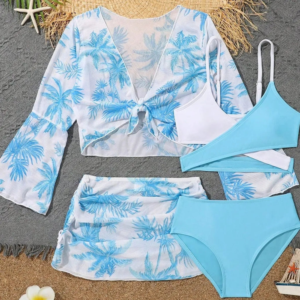 Children's 4-piece high waist bikini swimsuit set with striped floral pattern, polyester fabric, sizes 130-160