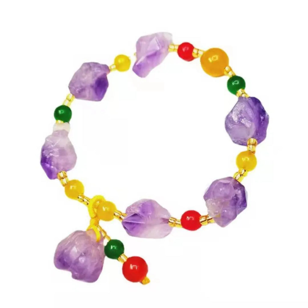 Natural shaped purple amethyst bead bracelet for women featuring a Fu character design element.