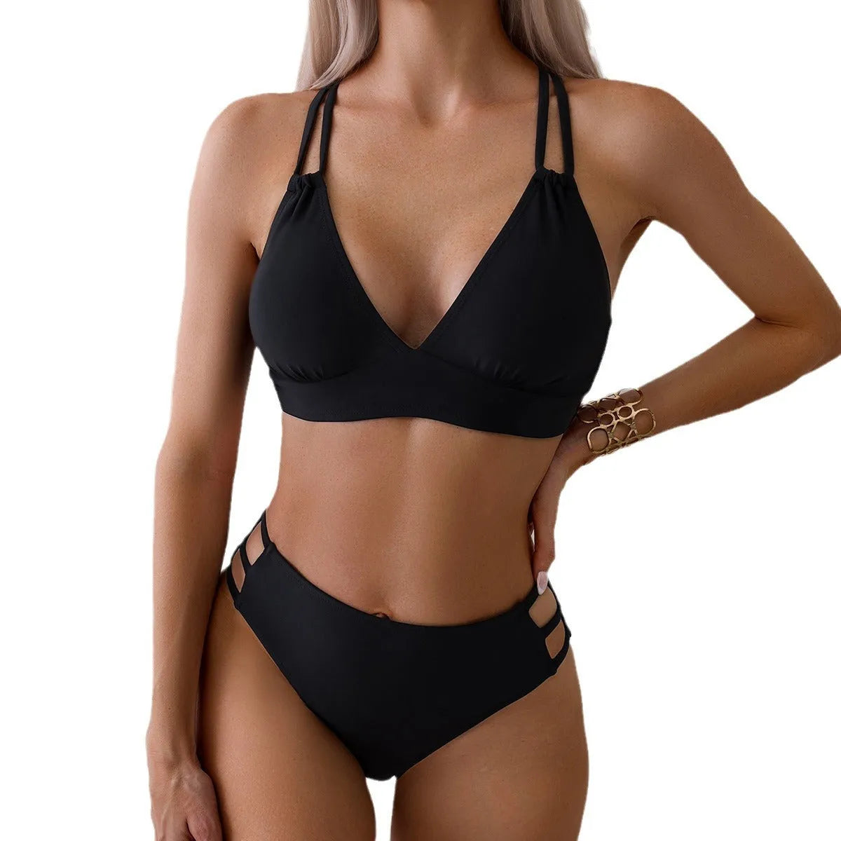 Women's V-neck halter bikini swimsuit in nylon available in multiple colours