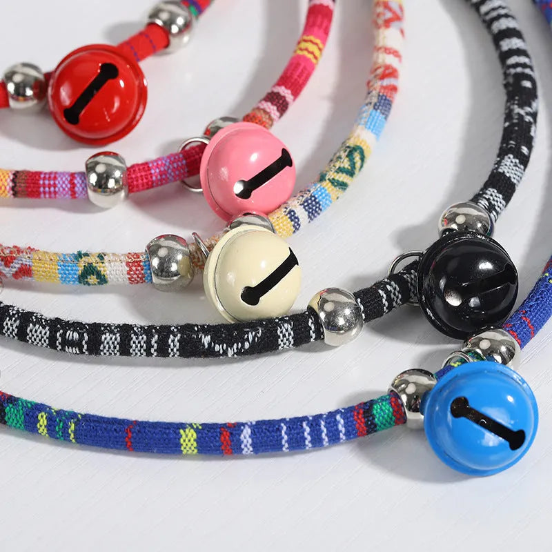 Ethnic pattern adjustable pet collar with bell in multiple colour options