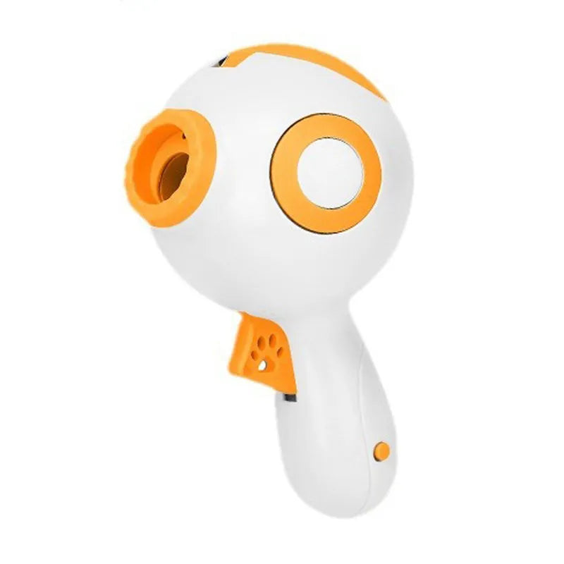 Green, orange, and pink dog treat launcher toy measuring 15.5 cm by 9 cm by 8.5 cm for remote feeding and training
