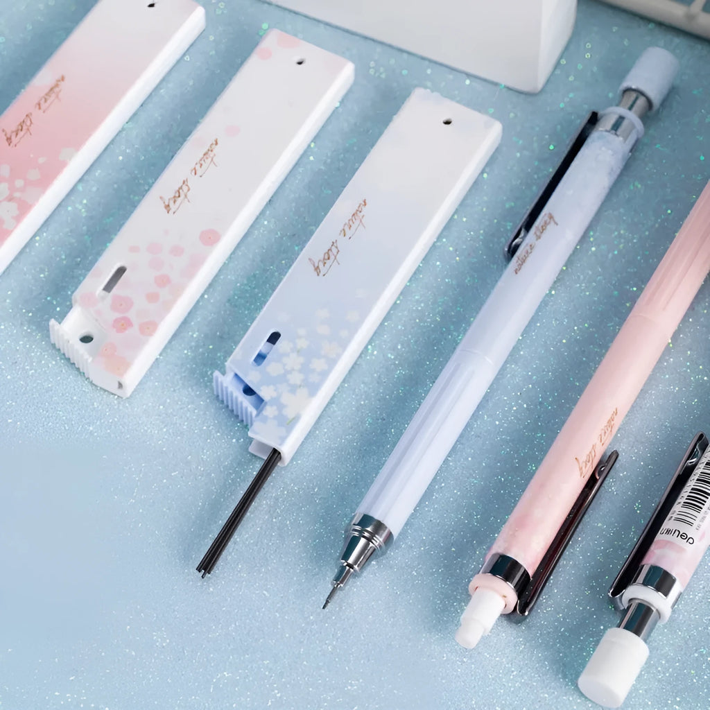 Mixed colour Sakura cartoon design automatic pencil set with three pencils and HB refill boxes