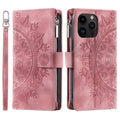 Faux leather card zipper phone case in purple with embossed texture and magnetic closure for iPhone 16