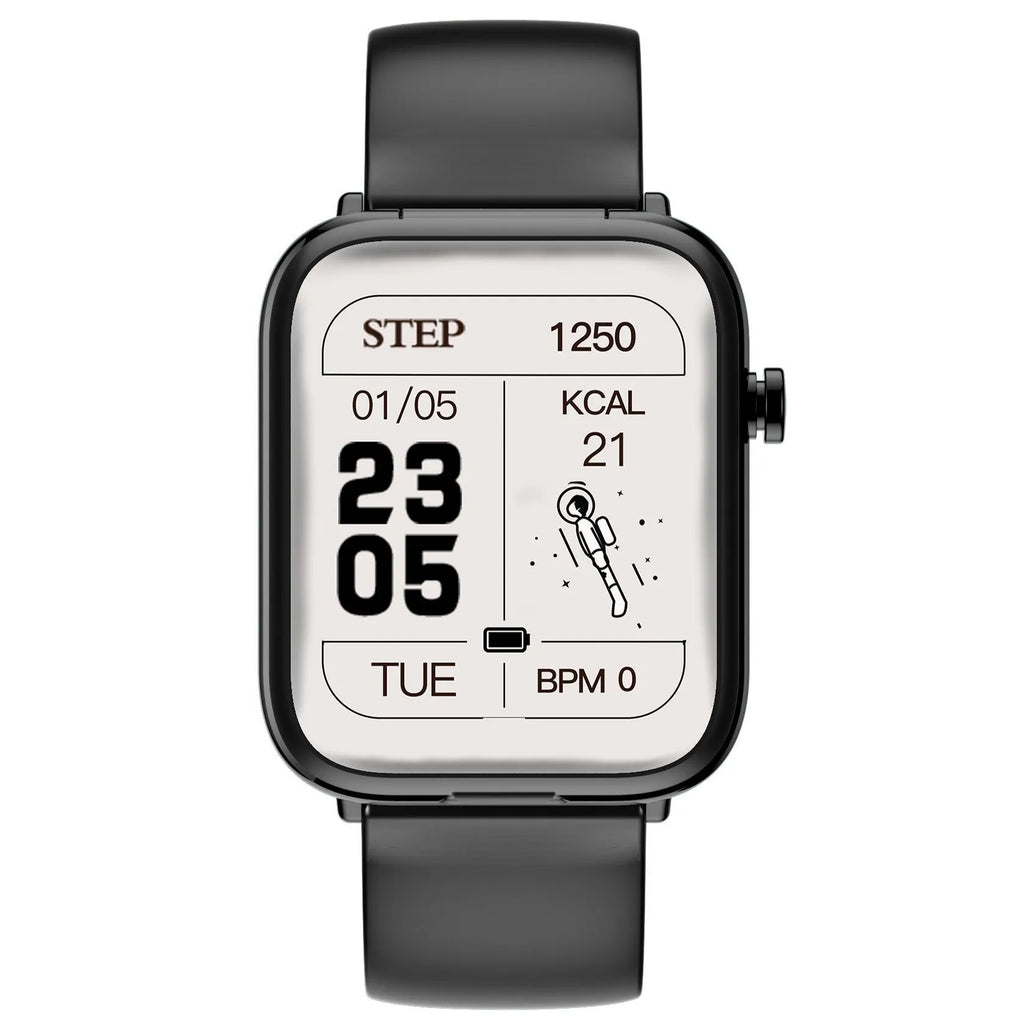 Black zinc alloy smartwatch with 1.69-inch touchscreen and integrated Bluetooth headset charging case.