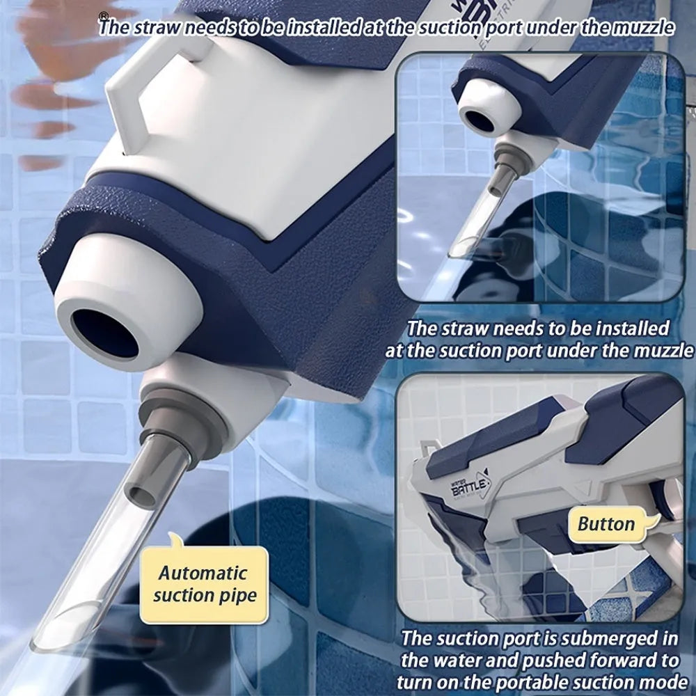 Blue electric water gun with USB charging port and automatic water absorption system