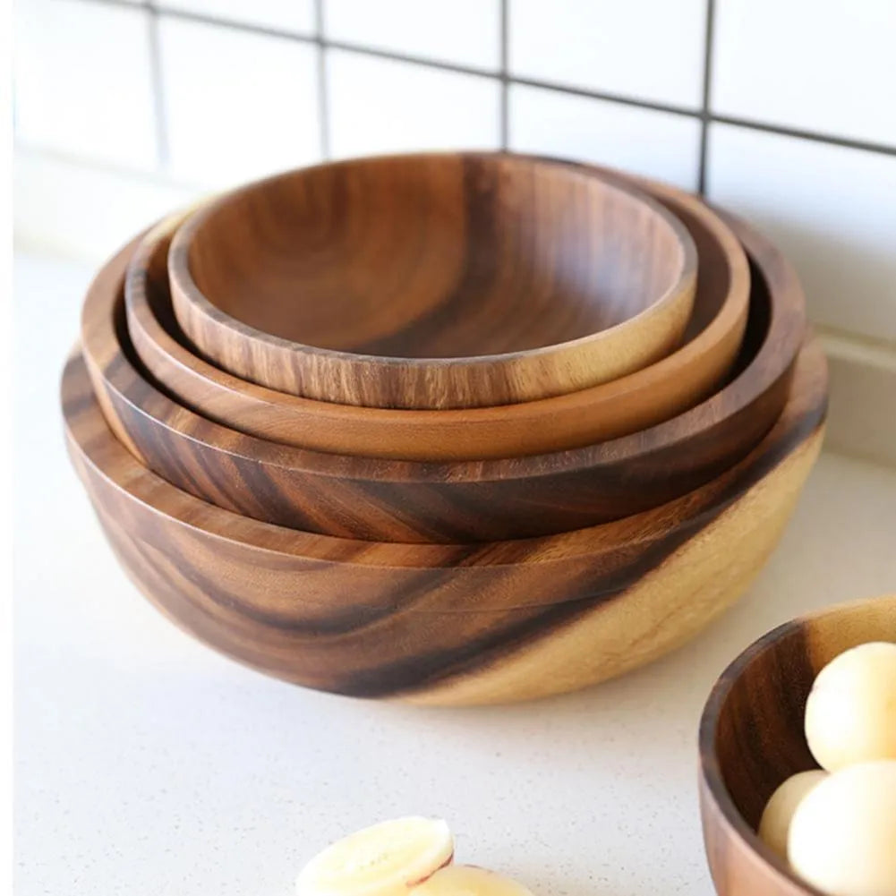 Brown handmade wooden bowl with natural wood grain and overglaze finish